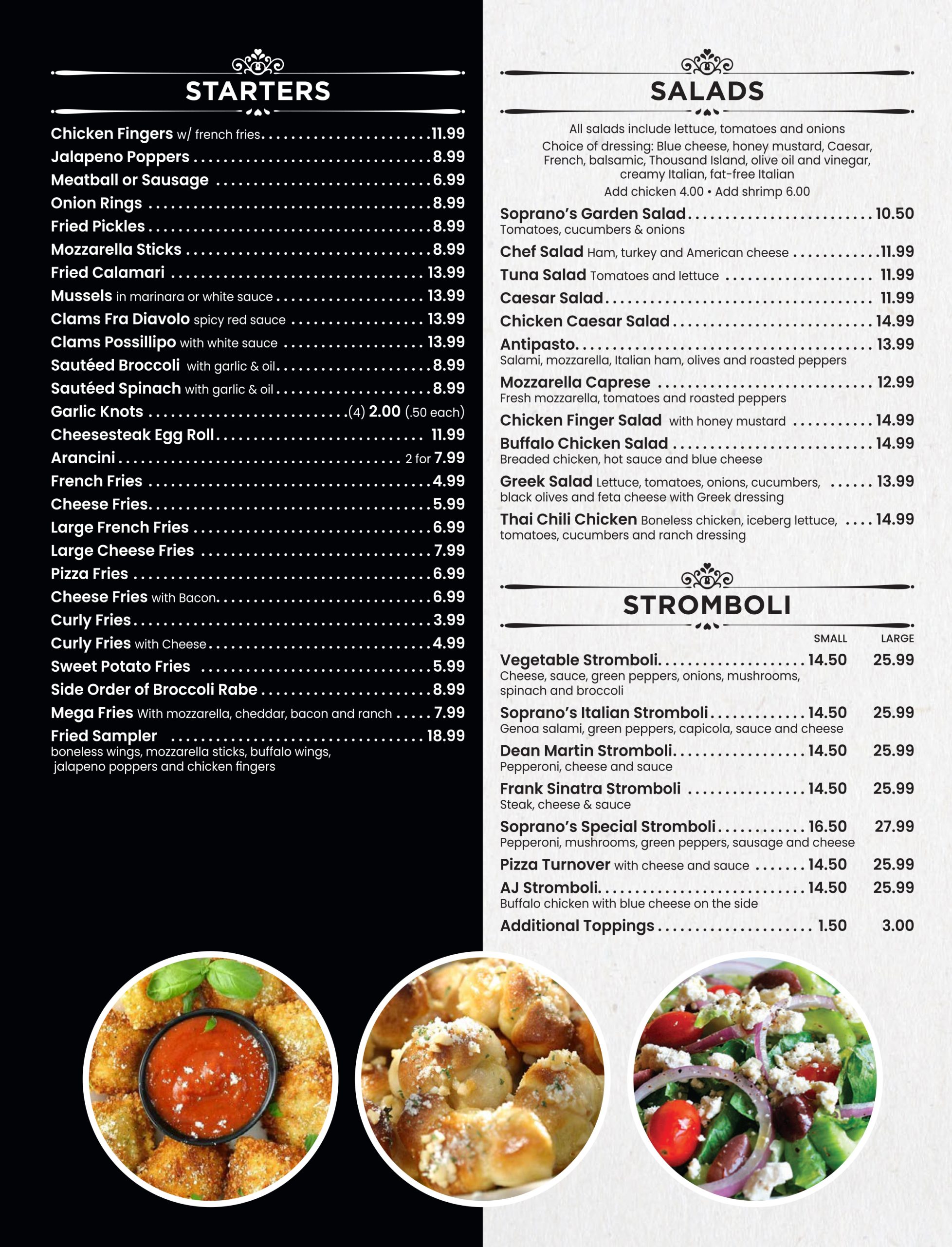 Menu of a restaurant showcasing various dishes including starters, salads, and stromboli with corresponding prices.