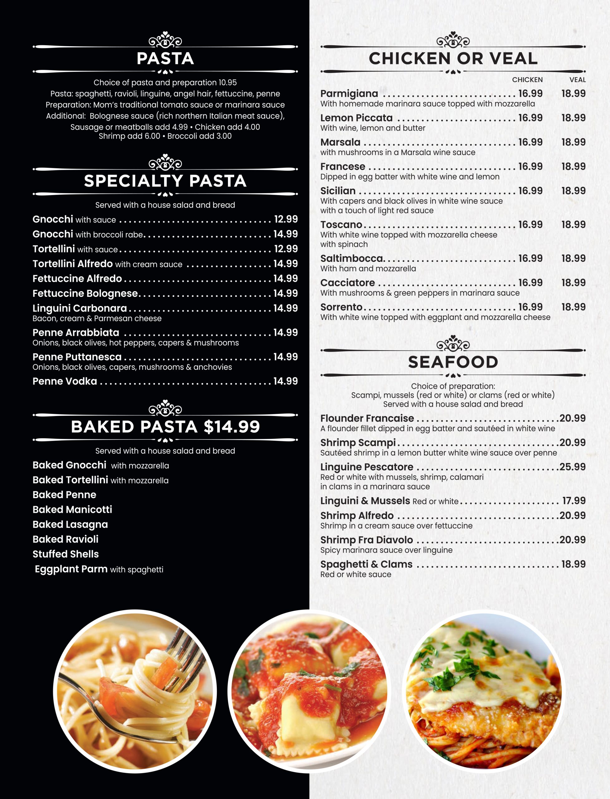 Menu page featuring a selection of italian dishes including pasta, chicken or veal, and seafood, with descriptions and prices.