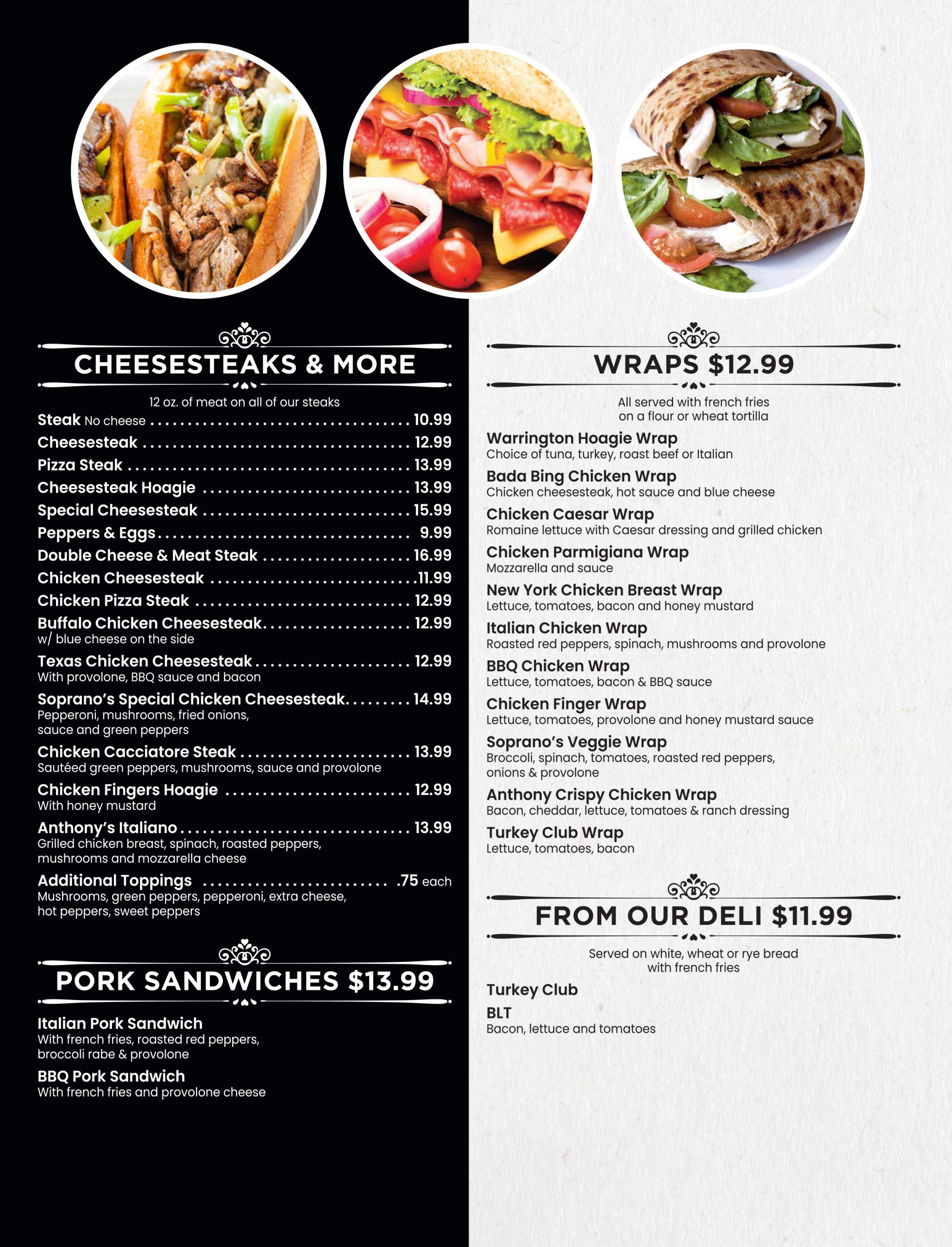 Menu showcasing a variety of cheesesteaks, wraps, and sandwiches with prices and descriptions.