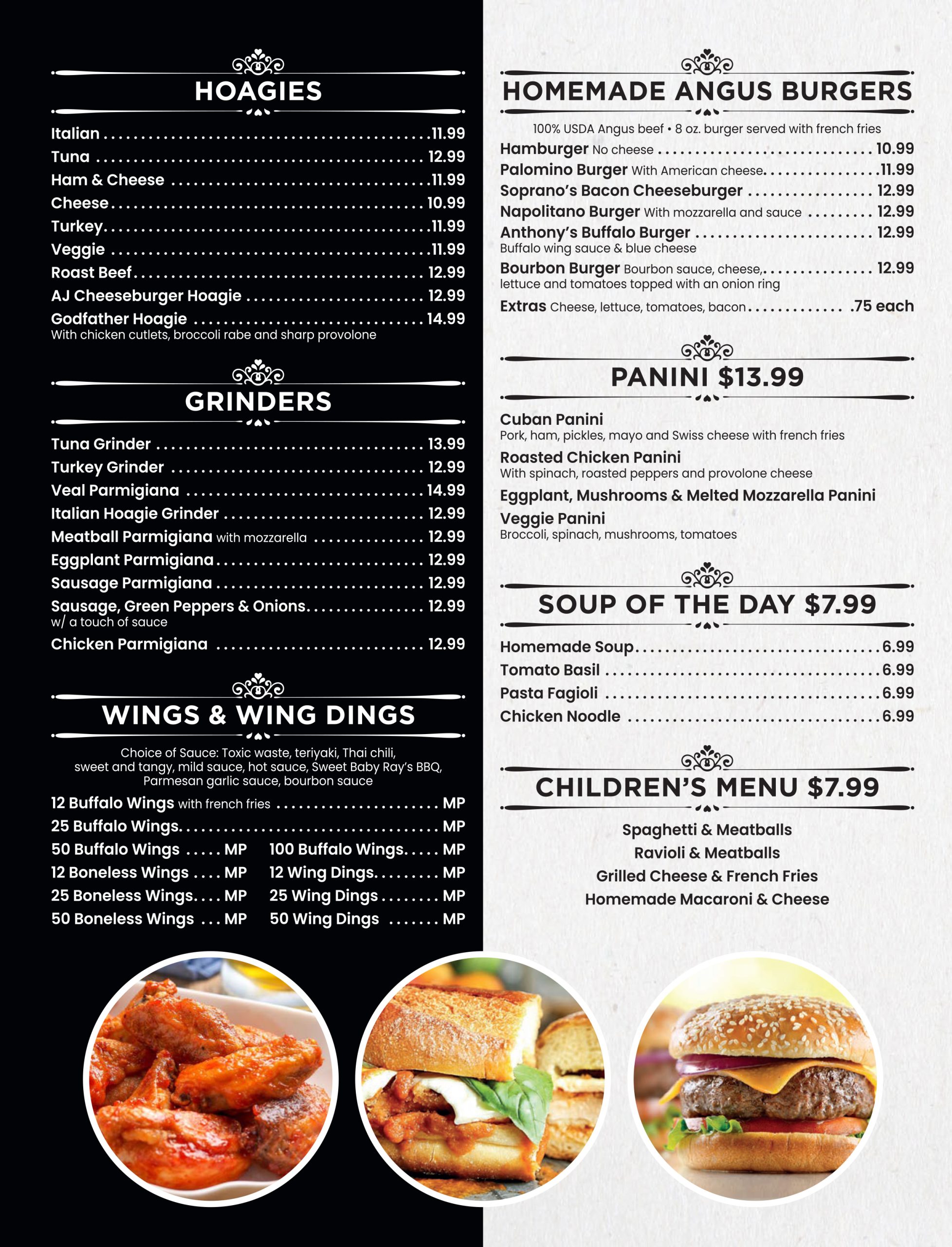 Restaurant menu featuring various food items including hoagies, burgers, grinders, soups, and wings with prices listed.