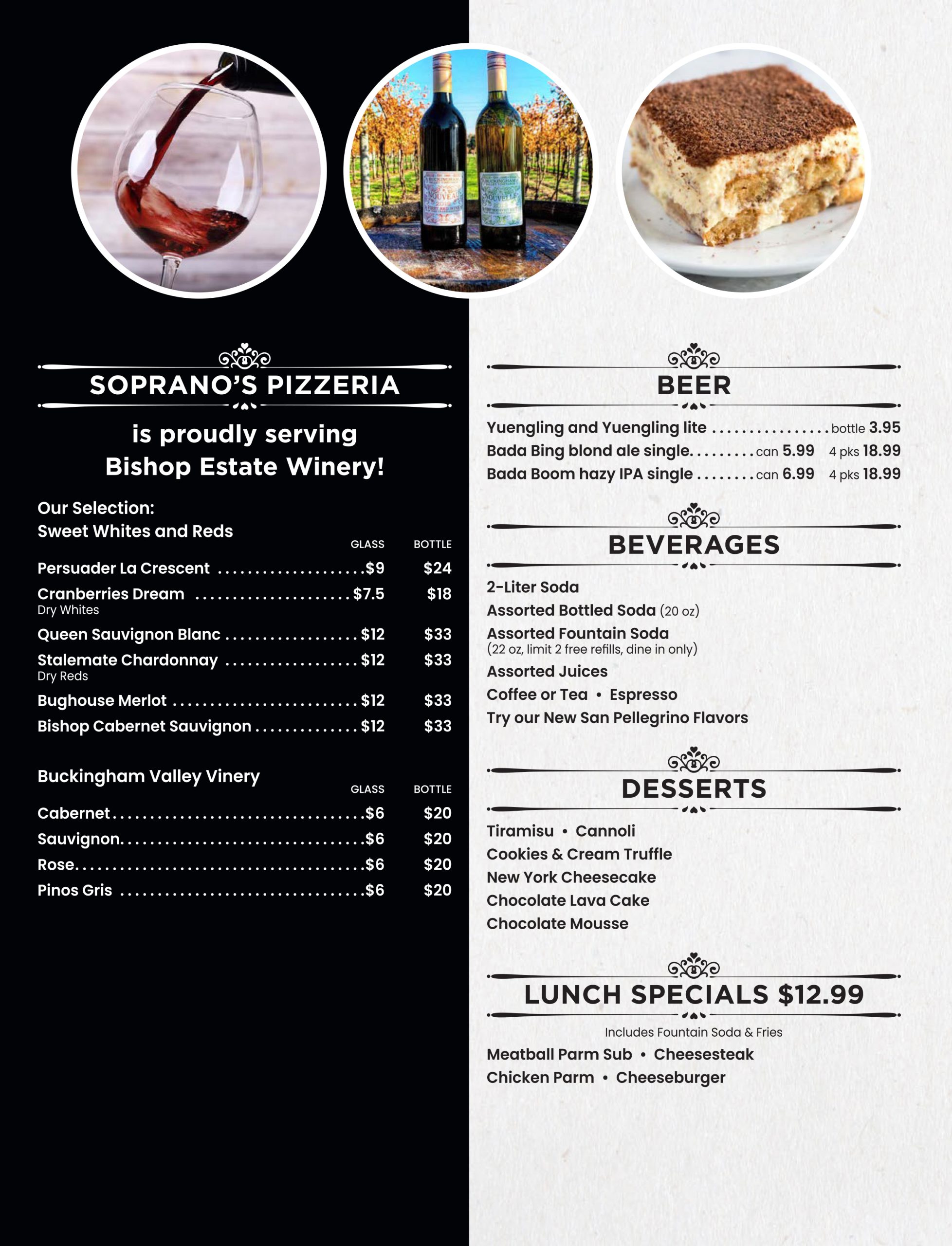 Menu page featuring selections from soprano's pizzeria and estate winery, including wine, beer, soft drinks, and desserts, with a lunch special at the bottom.